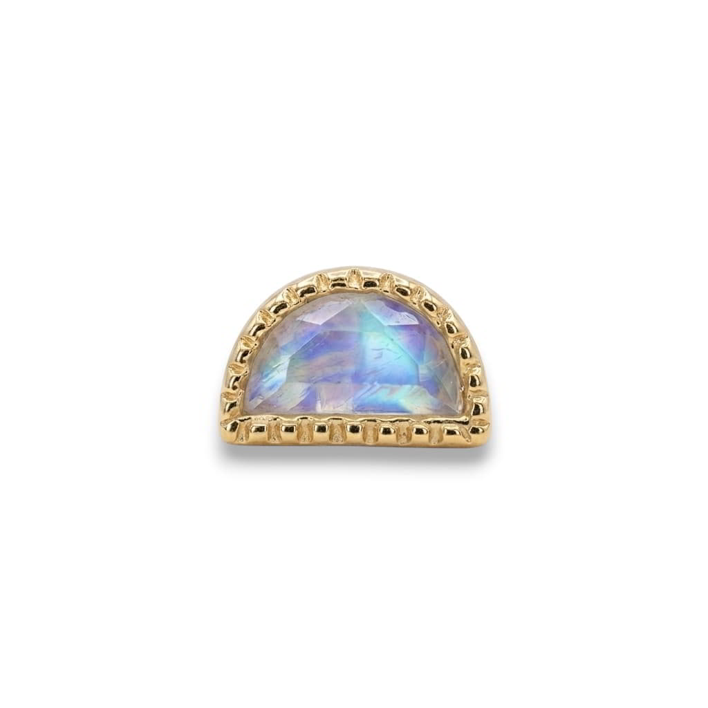 BVLA Milgrain Half Moon Bezel Gelbgold 4mm Rainbow Moonstone Threaded